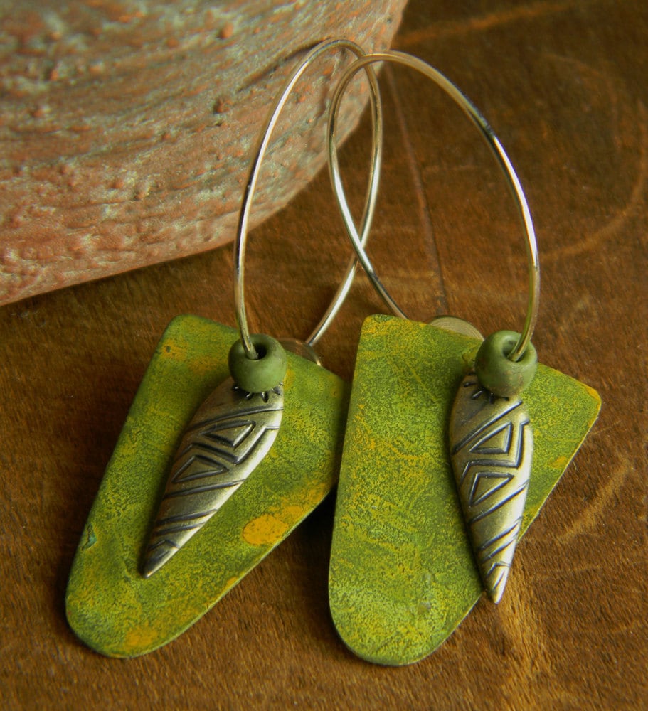 Tribal Hoop Earrings Mixed Metal Yellow Green Silver OOAK