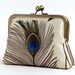 Reserved/ Silk embroidered peacock feather clutch purse with chain in ivory
