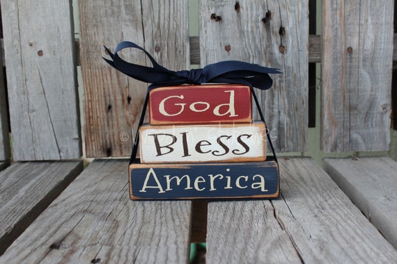 God Bless America Wood mini stacker independence summer flag military 4th of July America primitive country personalized