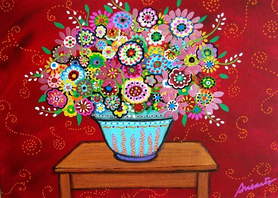 Mexican Abstract Folk Art Flowers Blooms Painting PRINT