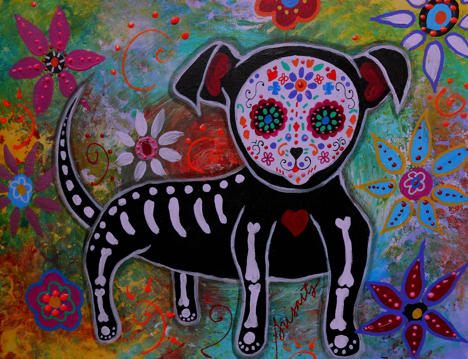 Folk Art Painting Mexican Dia de los Muertos Chihuahua Dog Pet