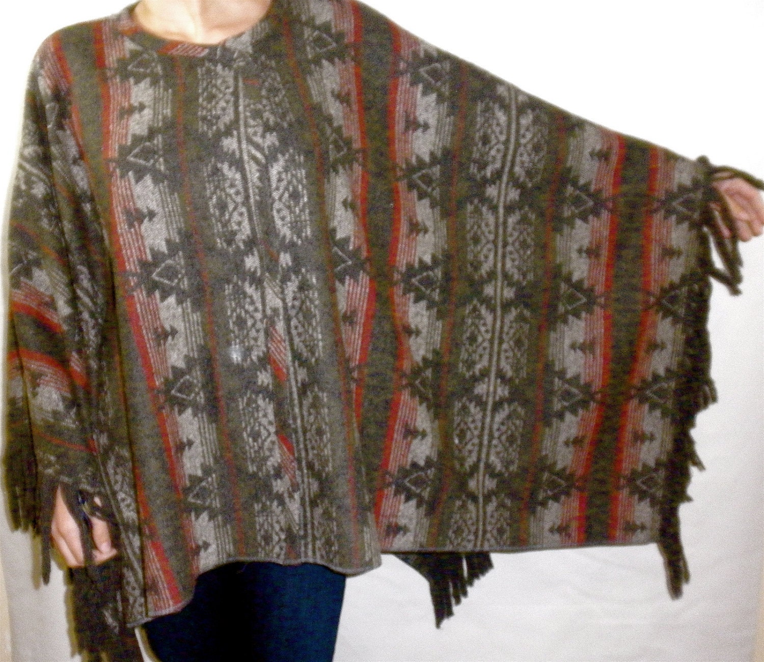 Vintage Navajo Style Blanket Poncho with Fringe and by DesertMoss