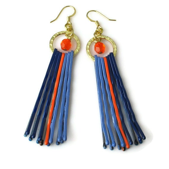 Upcycled Repurposed Orange Blue Earrings Bobby Pin Jewelry