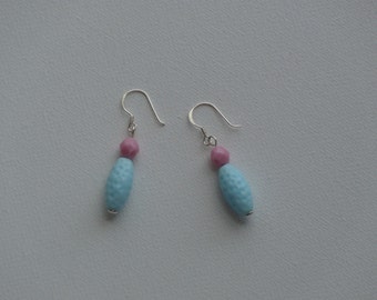 Sterling silver dangle earrings with pink & light blue dimpled vintage beads