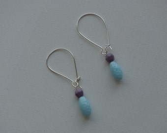 Sterling silver hook earwire dangle earrings with purple & light blue dimpled vintage beads