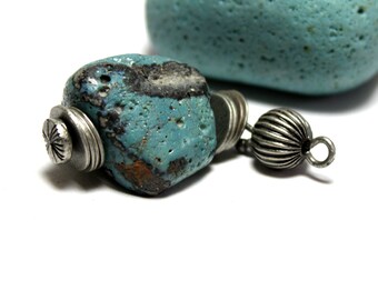Polished Blue Slag Glass Jewelry- Authentic Bluestone Turquoise Necklace Industrial Pendant- Handmade by Allybeans