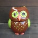 Whooo Loves Owls - Large Modern Ceramic Owl Cookie Jar - Handpainted Apple Green and Chocolate Browns