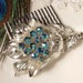 Vintage Peacock Teal Blue Rhinestone Bridal Hair Comb - Heirloom CORO Brooch Jeweled Silver Plated Comb