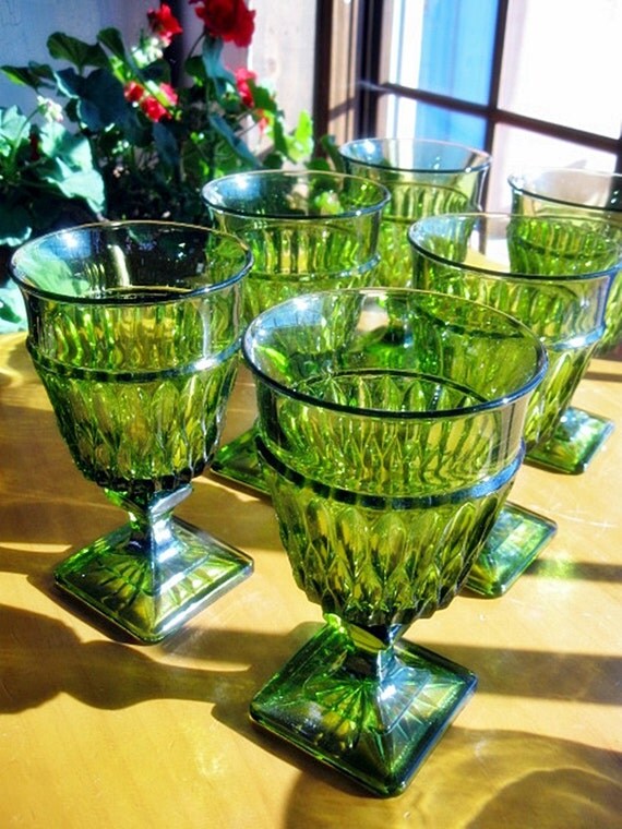 Vintage Green Pressed Glass Goblets Set Of Six Glass Ware By 7939