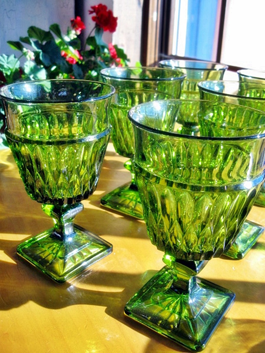 Vintage Green Pressed Glass Goblets Set Of Six Glass Ware By