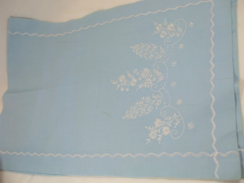 Vintage Blue Embroidered Table Runner or Dresser Scarf