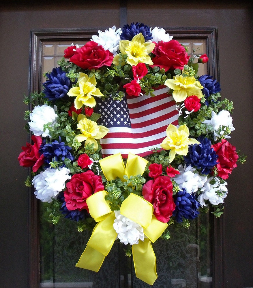 Memorial Day Wreath Patriotic Wreath Floral Yellow Ribbon Door