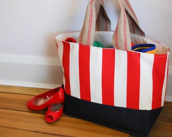 EXTRA Large Beach Bag  Tote in Re d and Cream Stripes ...