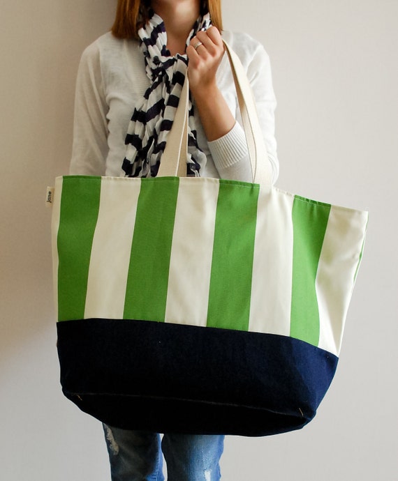 EXTRA Large Beach Bag // Tote in Green and Cream Stripes