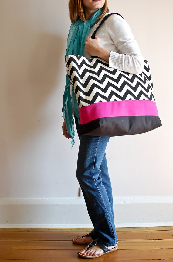 EXTRA Large Beach Bag // Tote in Black Chevron by LucyJaneTotes
