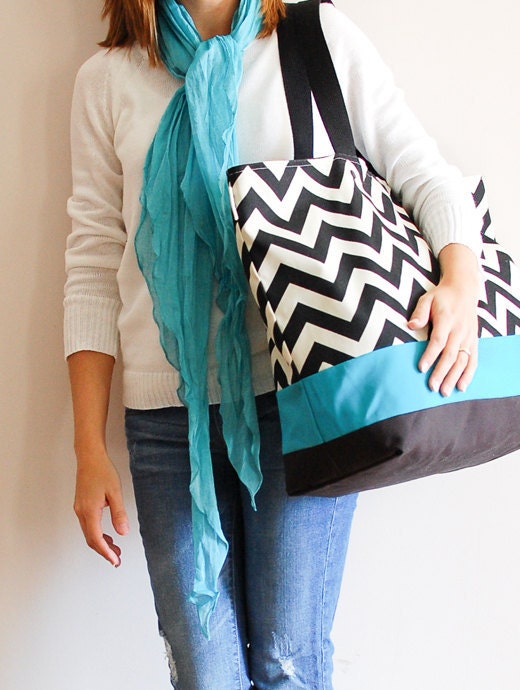 Extra Large Beach Bag // Tote in Black and Cream Chevron