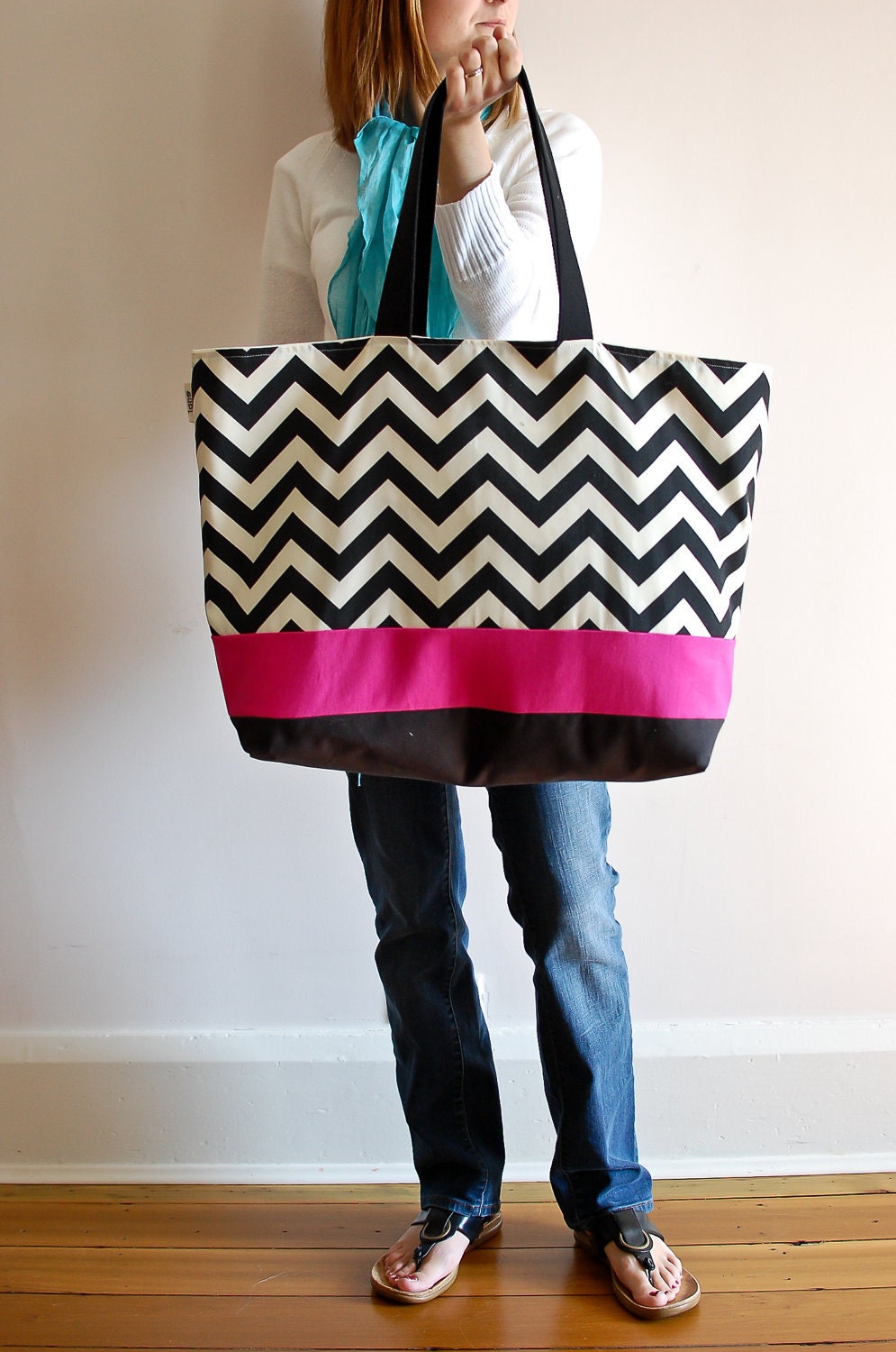 EXTRA Large Beach Bag // Tote in Black Chevron with a pinch of