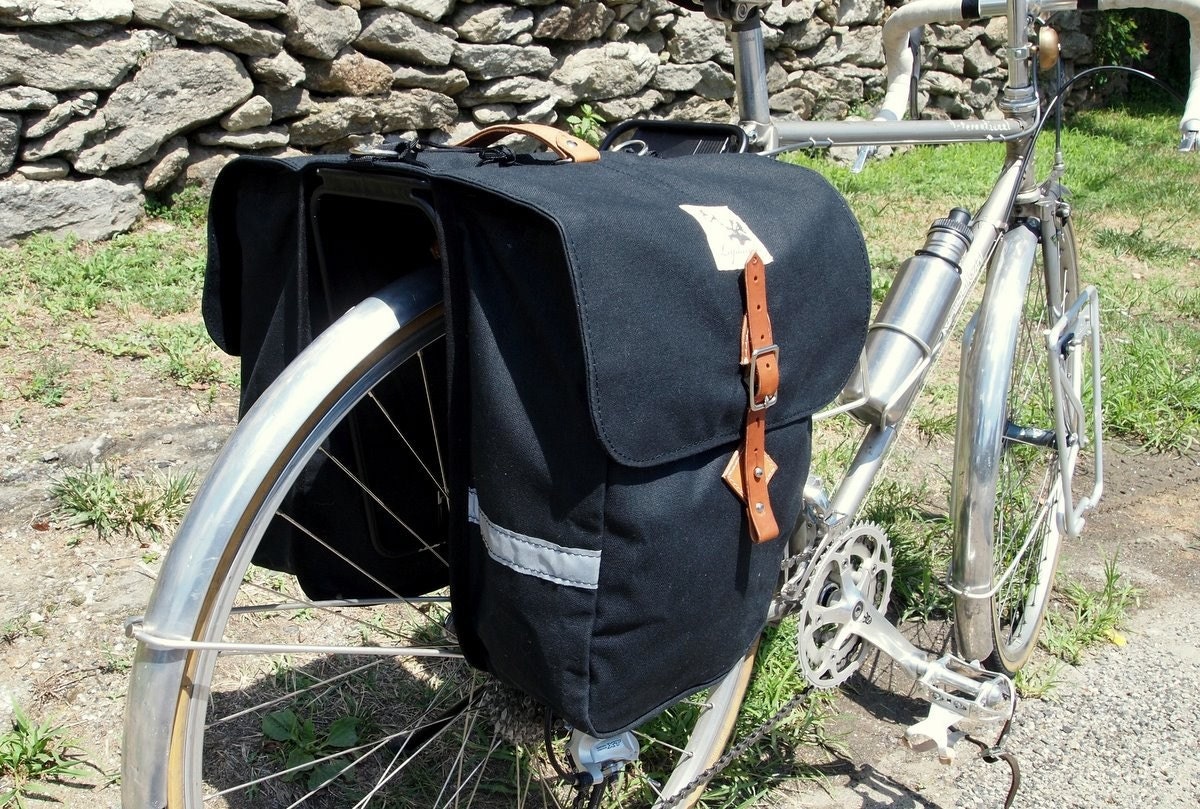 City Bicycle Panniers Black Waxed Canvas/Leather with Red