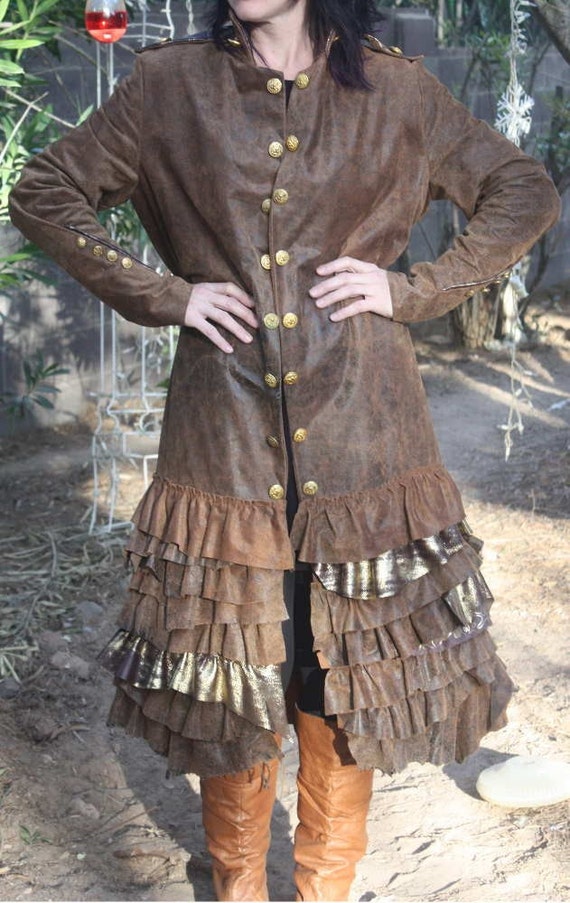 showdiva designs STUNNING Below Knee Brown Distressed Leather Military Coat Asymmetrical Ruffles Hints of Gold by showdiva steampunk buy now online