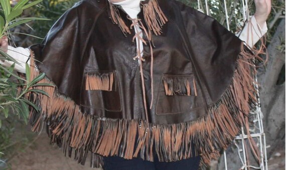 Vintage Hippie Brown Leather Poncho Cape with Fringe Fringe and More Fringe by showdiva steampunk buy now online