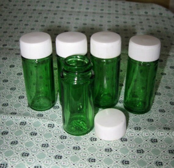 5 Vintage Small Green Glass Bottles Vials with Lids