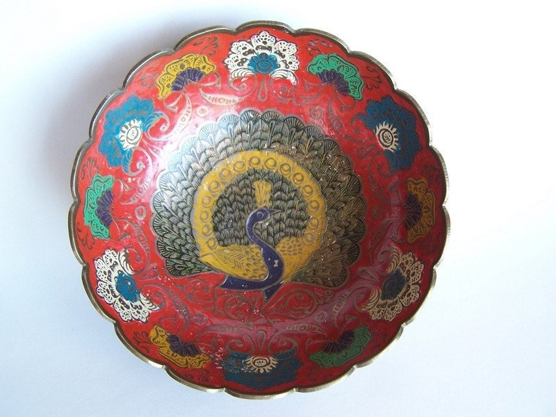 vintage brass peacock hand painted bowl India