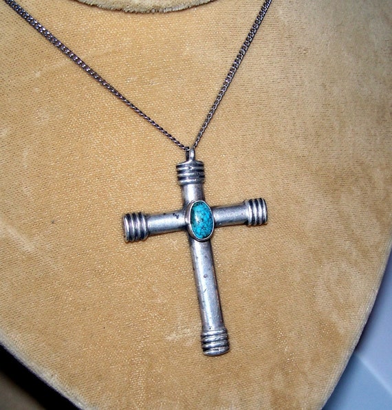 Necklace necklace Cross Oldtreasuretrunk Turquoise Silver  by Vintage cross charm side Native