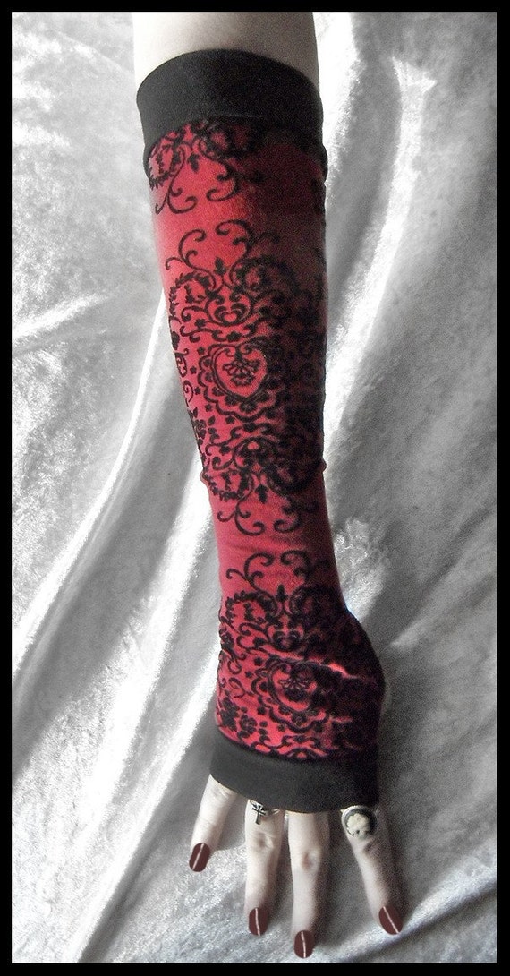 Blood Struck Arm Warmers Scarlet Red Black Velvet Flocked