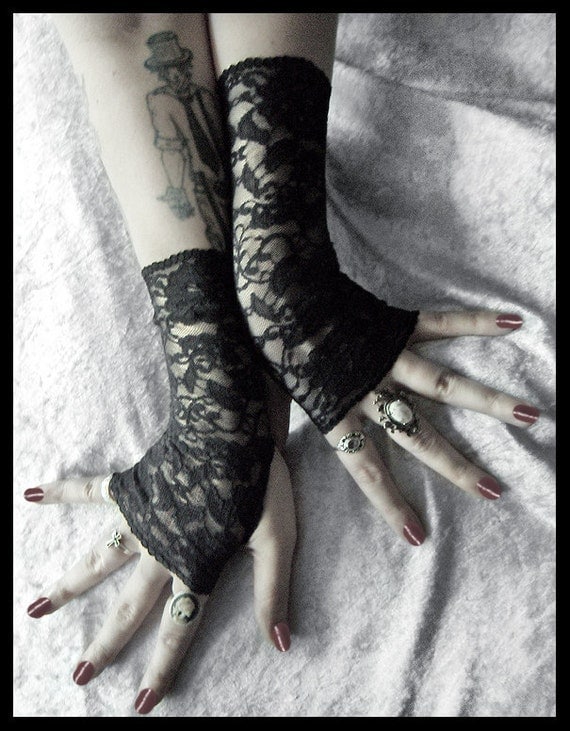 Shadow Wisp Lace Fingerless Gloves Black Floral Gothic