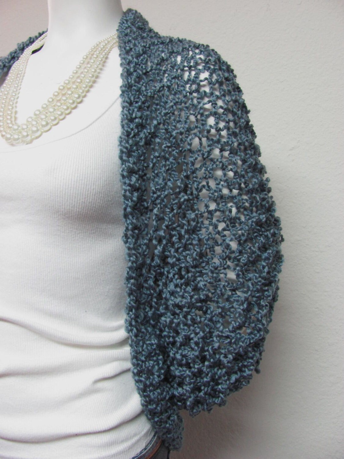 Denim Blue Knit Crochet Sweater Shrug size Large Plus Size 1X