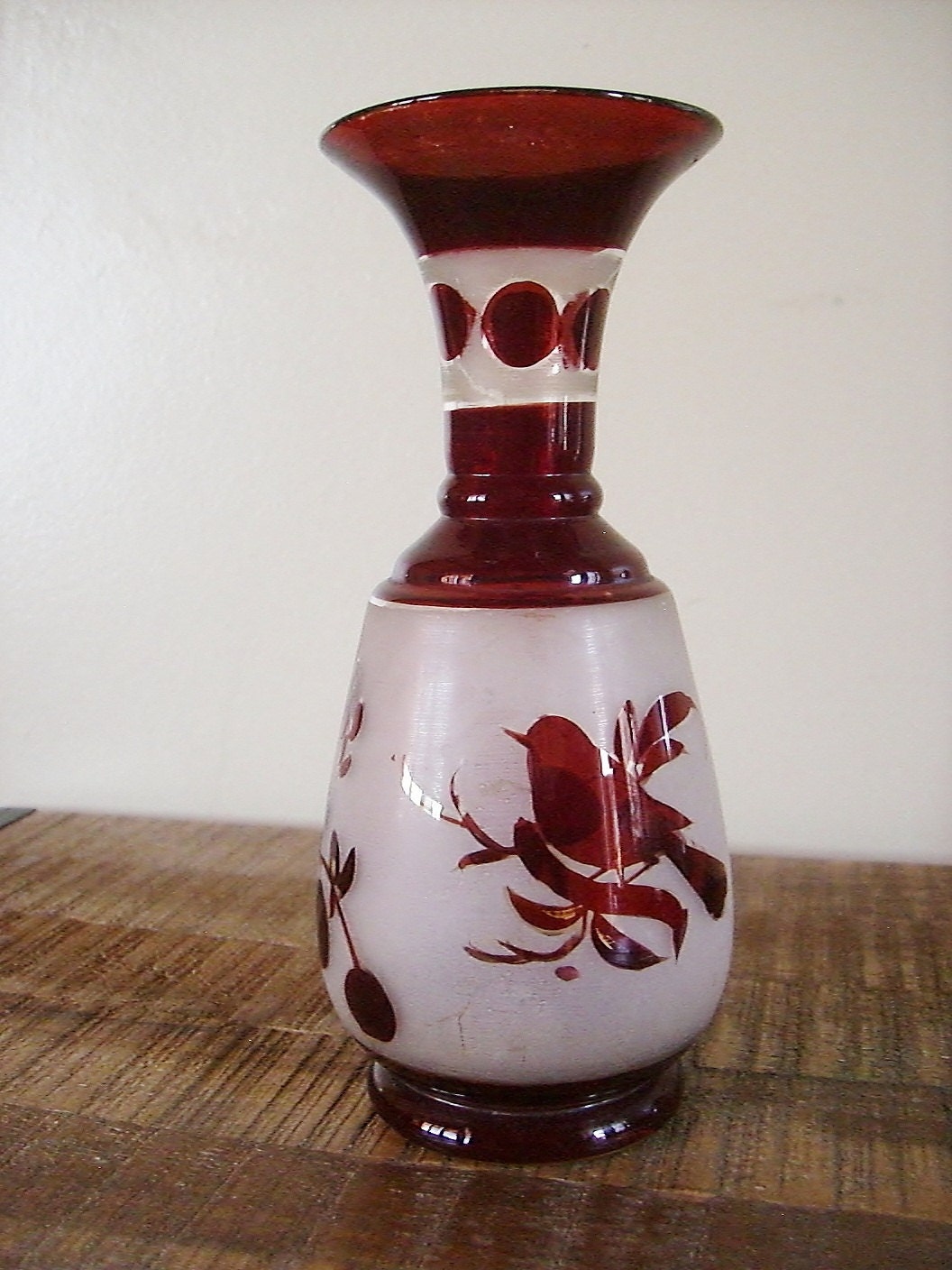 Vintage Etched Cranberry Glass Vase 8809