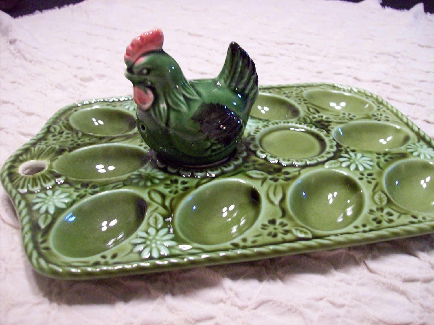 Vintage Avocado Green Deviled Egg Tray and Shaker Lego Japan