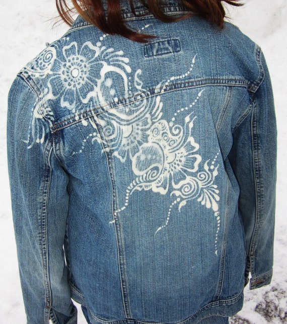 Items similar to Old Navy Jean Jacket Denim Floral Bleached Henna ...