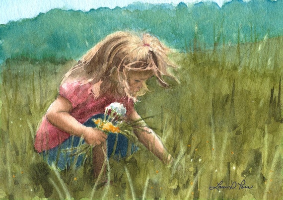 Girl Picking Wildflowers Watercolor Painting Archival by lauraposs
