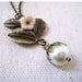 Poetic Branch. Antique Brass Leaf Branch Pendant with Cultural Glass Pearl Necklace