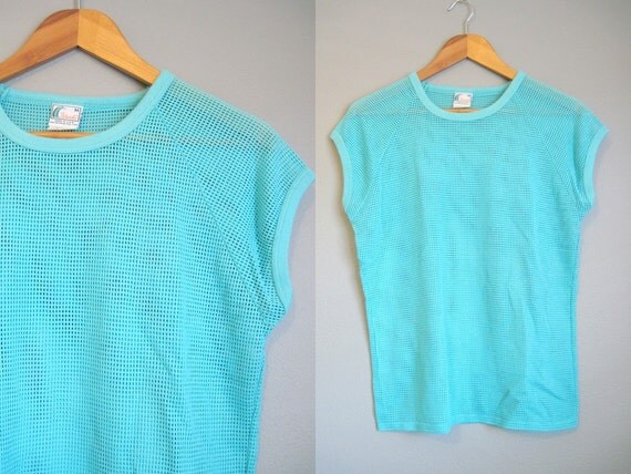 1980s Mesh Shirt Vintage Teal Aqua Beach T-shirt Medium