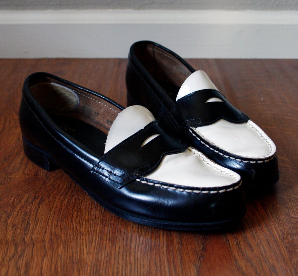 bass wayfarer black and white penny loafers by hisandhersvintage