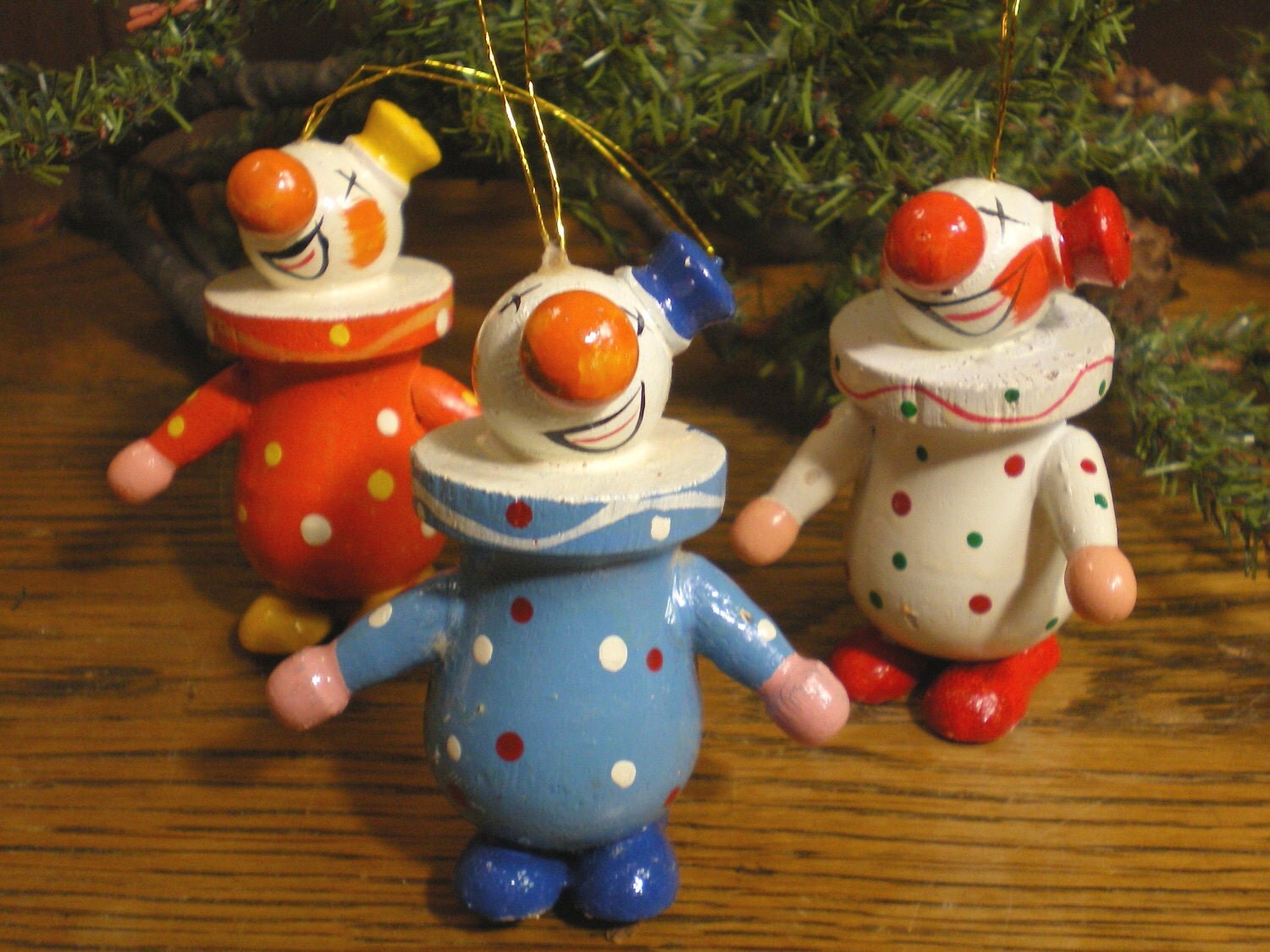 3 Vintage Wooden Clown Ornaments Circa 1960's by EntirelyApropos