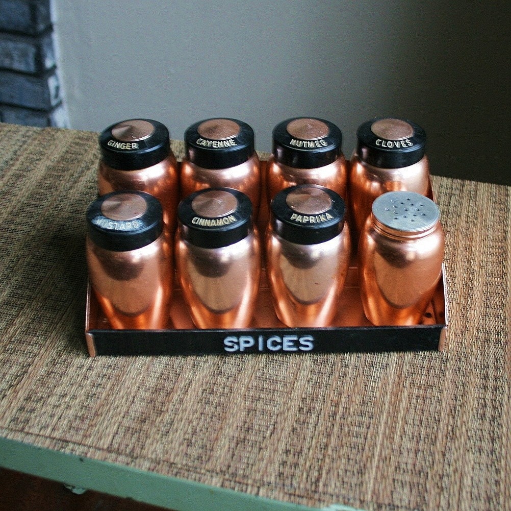 Rare Vintage Kromex Copper Spice Jars With Rack