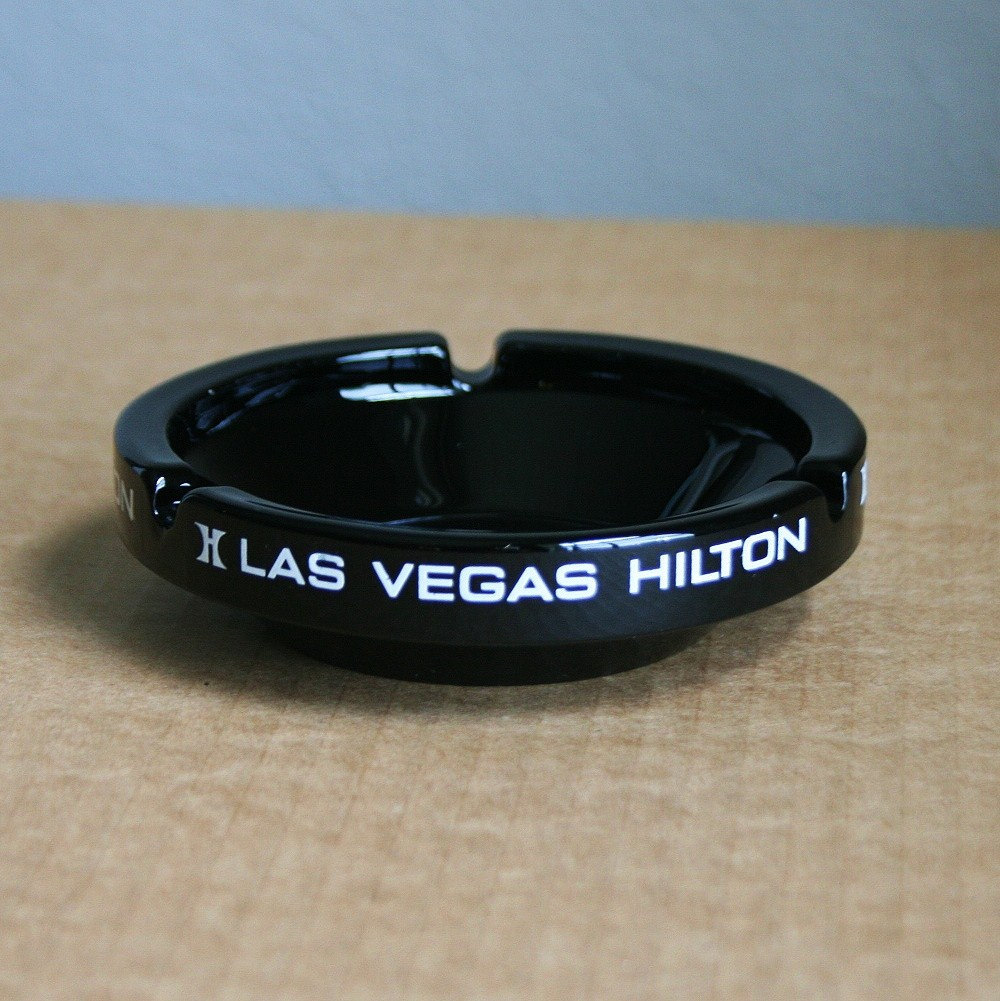 Vintage Las Vegas Hilton Heavy Glass Ashtray Black