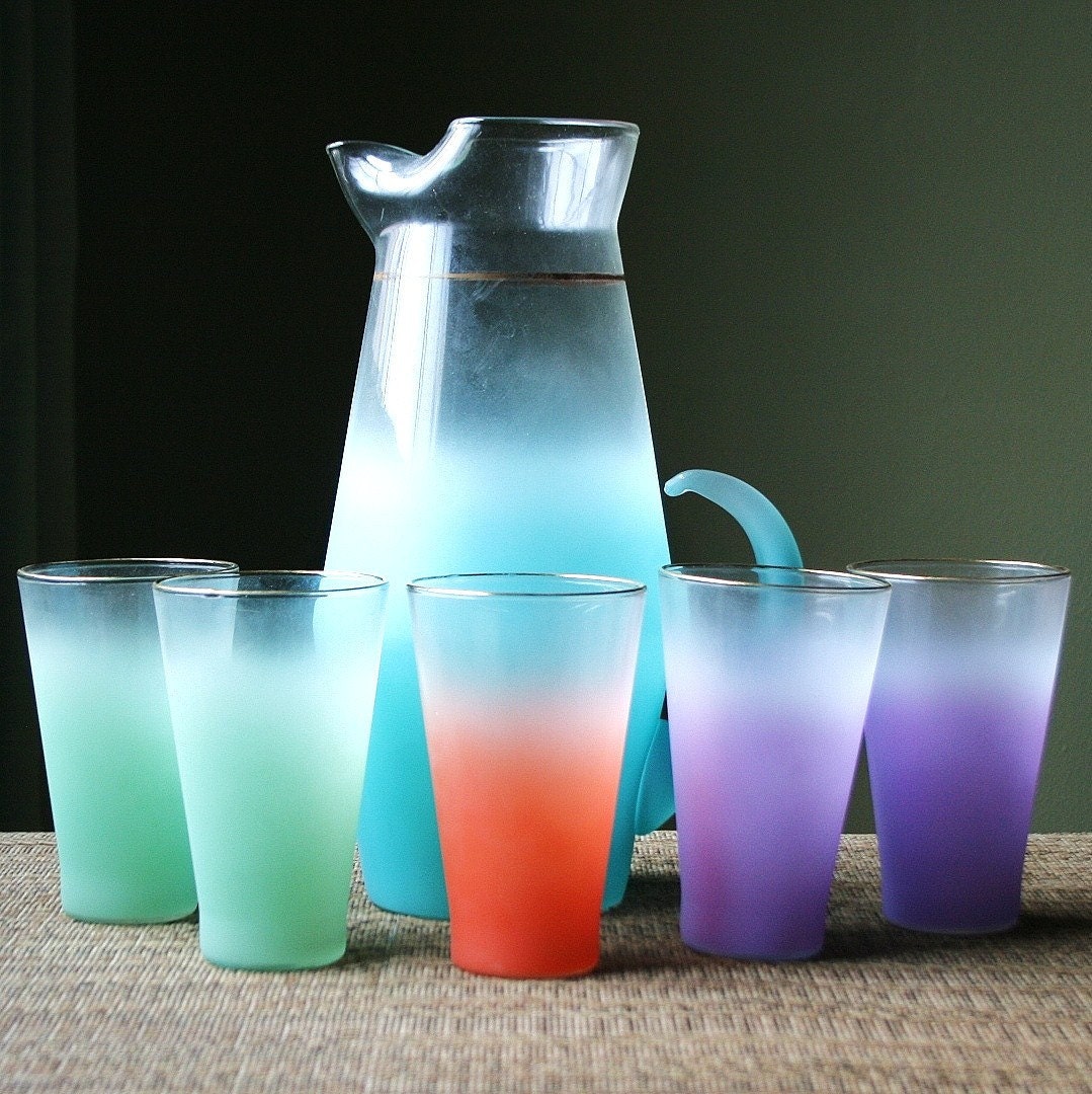 Retro Blendo West Virginia Glass Pitcher Tumbler Set 6 