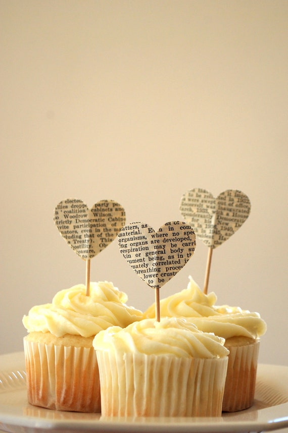 Vintage Book Page Heart Cupcake Picks