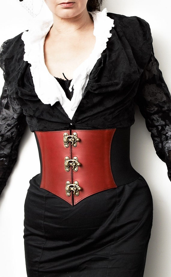 Items similar to Corset Belt, Waist Cincher Red Leather and Black