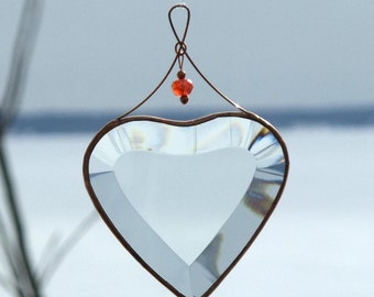 Clear Beveled Glass Heart Suncatcher with Beads and a Copper Line