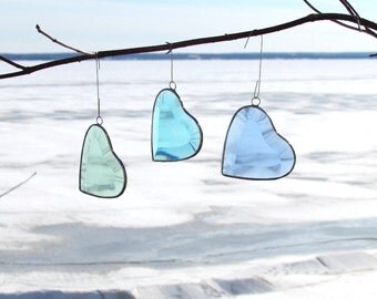 Stained Glass Hearts Blue Turquoise Green Suncatchers, Aqua Glass Valentine Heart Ornaments Set of Three (3)
