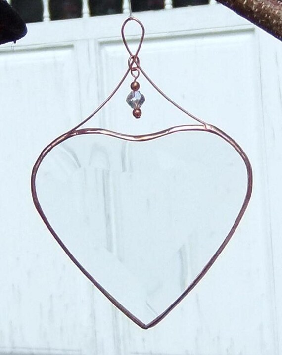 Clear Beveled Glass Heart Ornament with Beads and a Copper