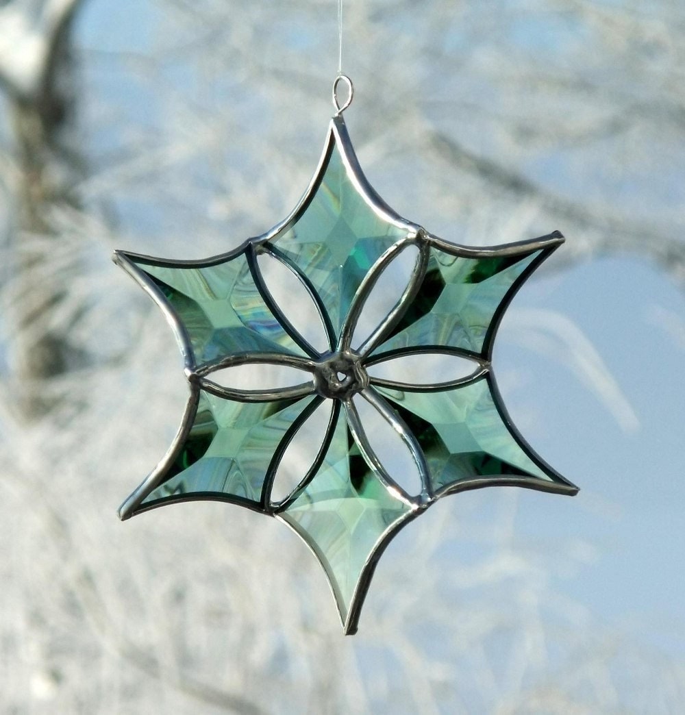 3D Green Beveled Stained Glass Snowflake Suncatcher Ornament