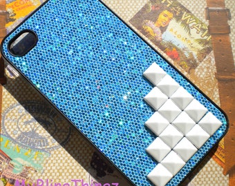 White Pyramid Studs on Pretty Blue Glitter Sparkle Case Cover for Apple iPhone 4 4G 4S AT&T Verizon Sprint