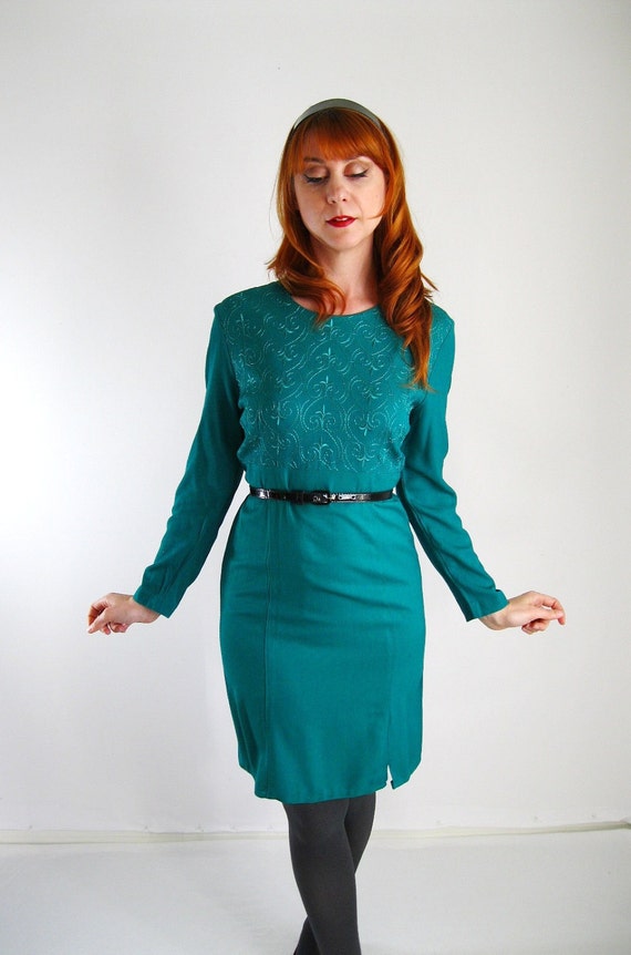 Sale Vintage 1980s Green Dress. Office Fashion. Cocktail