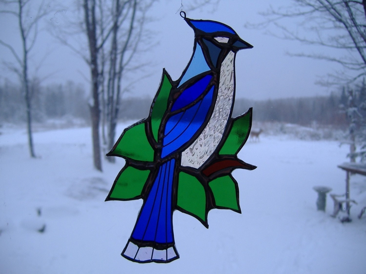 blue jay/leaves stained glass suncatcher